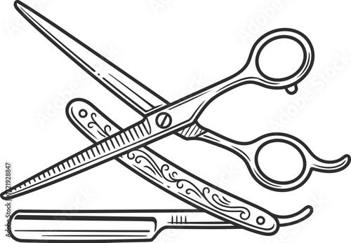 Vintage barber tools scissors straight razor and comb illustration