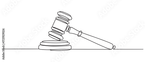 Judge hammer one continuous single line art drawing. one line Icon drawing with white background