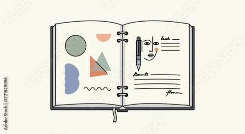 Open Notebook with Abstract Shapes and Face Sketch Illustrating Creative Thinking, Idea Generation, and Artistic Design Process