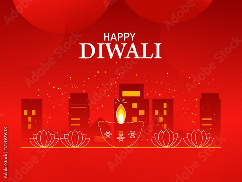 Happy Diwali Indian festival of lights. Vector illustration of cityscape or landscape background with Lanterns and firecrackers for celebration.