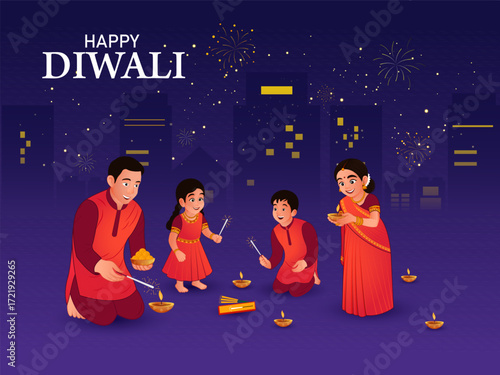 Happy Diwali Indian festival of lights. Vector illustration of cityscape or landscape background with family celebrating festival with oil lamps, sweets and fire crackers.