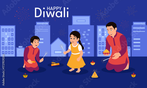 Happy Diwali Indian festival of lights. Cityscape or landscape background with family celebrating festival. Flat trendy abstract Vector illustration.