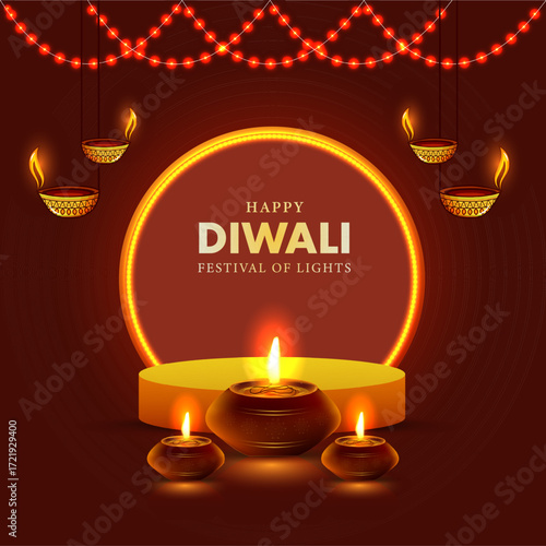 Happy Diwali Indian festival of lights banner, poster or web header design 3d Pedestal podium  Vector Illustration.