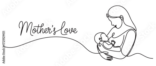 One continuous single drawing line art flat doodle mother breastfeeding baby. one line Icon drawing with white background