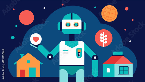A futuristic depiction of a persons home with a robot serving as a medication organizer to ensure proper intake and improve brain health. The person is shown working or engaging in. Vector