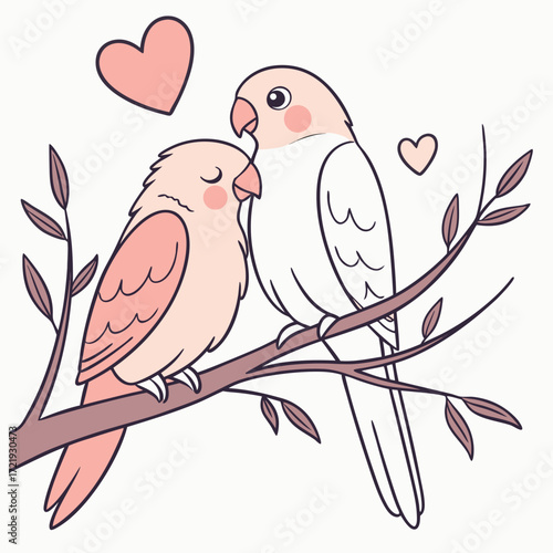 Two cute lovebirds sitting on a branch