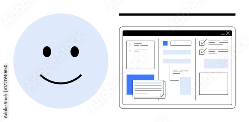 Smiling face beside a structured workspace layout on a digital platform with checklists, windows, and forms. Ideal for user experience, productivity, organization, technology, design, human-interface