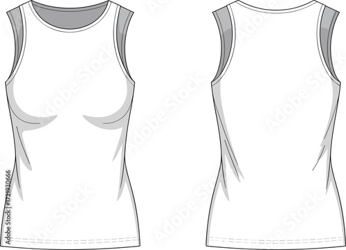 Blank women’s sleeveless tank top template, fashion flat sketch, front and back view design, apparel mockup illustration, clothing outline for printing