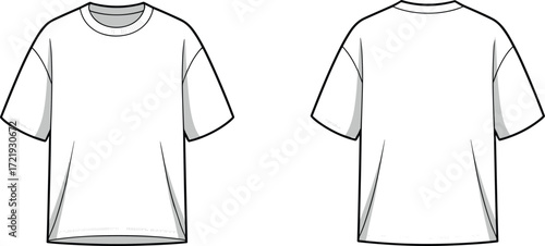 Blank oversized t-shirt front and back flat sketch, short sleeve fashion template, casual unisex clothing outline, apparel design technical drawing