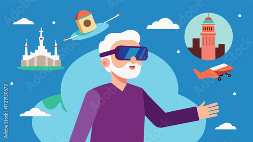 A senior uses virtual reality technology to virtually travel to different countries and experience new cultures keeping their mind active and expanding their knowledge.. Vector illustration