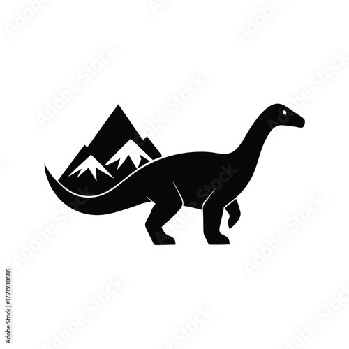 Dinosaur silhouette walking in front of mountains isolated on white background