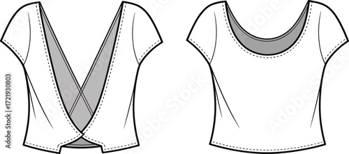 Fashion flat sketch women’s top front and back view, short sleeve blouse design template, deep V back shirt, apparel mockup illustration