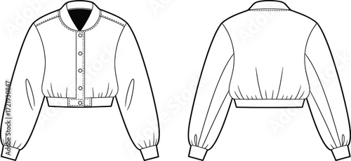 Flat fashion sketch of cropped bomber jacket with button closure, long sleeves, ribbed hem, casual stylish outerwear design, front and back view