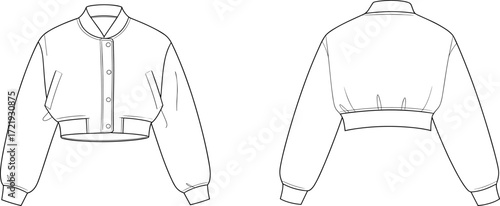 Flat fashion sketch of cropped bomber jacket with front buttons, ribbed cuffs, waistband, long sleeves, modern stylish casual outerwear design illustration