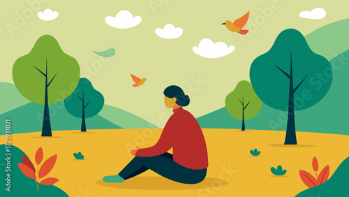 A person sitting in a park listening to the rustle of leaves and chirping of birds finding peace and calm in the simplicity of nature.. Vector illustration