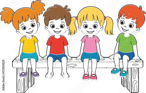 Happy children sitting together on wooden bench, colorful cartoon kids illustration, smiling boys and girls friendship, playful childhood drawing scene