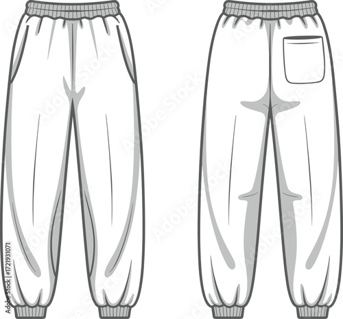 Jogger sweatpants flat sketch front and back view, unisex casual trousers design, elastic waistband, cuffed hem, pocket detail fashion template