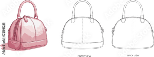 Stylish handbag vector illustration with front and back view, women fashion accessory design template, leather purse mockup, luxury bag sketch