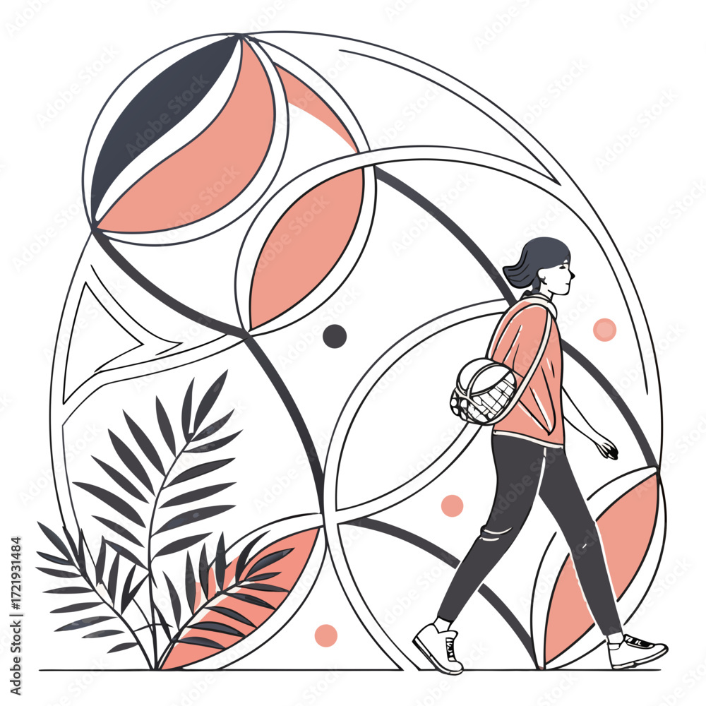 Obraz premium Woman walking by a geometric structure with plants on