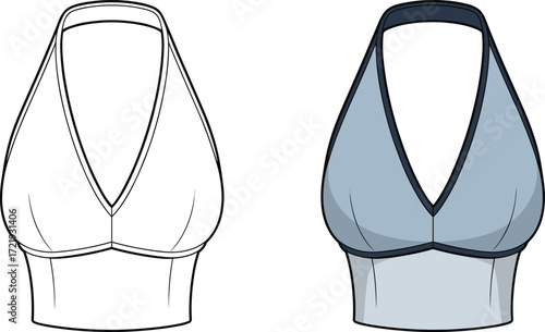 Vector halter neck sports bra fashion flat sketch, women activewear top design template, stylish lingerie clothing illustration for apparel industry