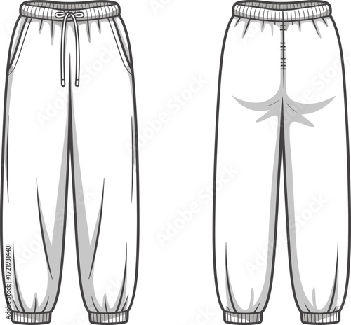 Vector jogger pants flat sketch, unisex sweatpants front and back view, elastic waistband, casual fashion template, streetwear apparel illustration design