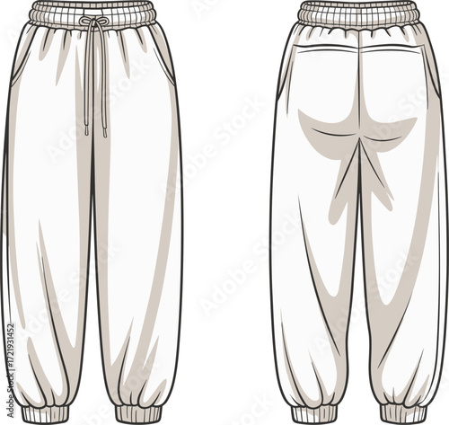 Vector jogger pants front and back flat sketch, casual sweatpants technical fashion drawing, unisex trousers design template with waistband and pockets