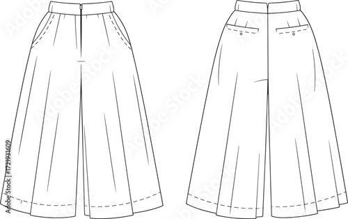 Wide leg pants fashion flat sketch, front and back view, technical drawing, trendy women culottes, clothing design template, apparel illustration