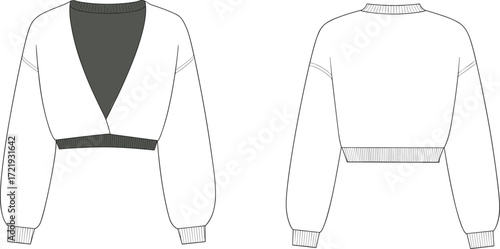 Women cropped sweater flat sketch, fashion technical drawing, V neck long sleeve sweatshirt design, casual knitwear apparel vector template illustration