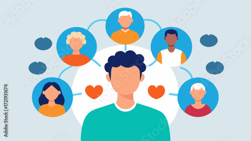A graphic of a person surrounded by friends and loved ones emphasizing the importance of social connections and support for brain health.. Vector illustration