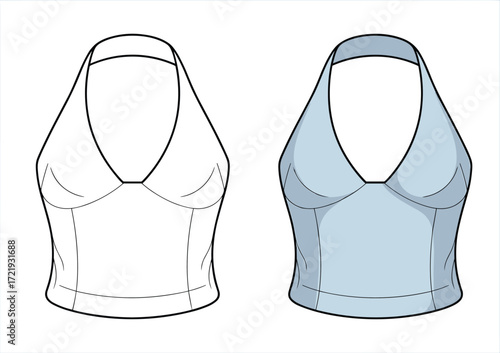 Women halter neck crop top front view fashion flat sketch, stylish sleeveless blouse design template, modern apparel vector illustration