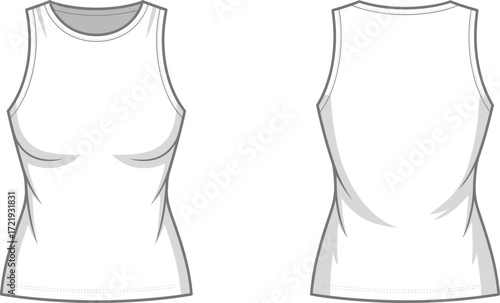 Women sleeveless tank top front and back view, blank fashion flat sketch, apparel template design, fitted shirt outline, casual clothing illustration