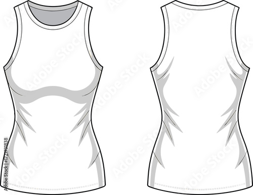 Women sleeveless tank top flat sketch, front and back view template, fitted athletic shirt design, fashion clothing vector illustration