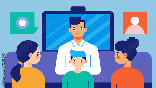 A family gathered in a living room consulting with a neurologist via video conference to discuss their loved ones diagnosis of Huntingtons disease. They are seeking guidance on how. Vector