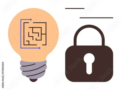 Lightbulb containing circuit lines alongside a closed lock. Ideal for innovation, security, technology, data protection, problem-solving, creativity, and intellectual property concepts. A simple flat