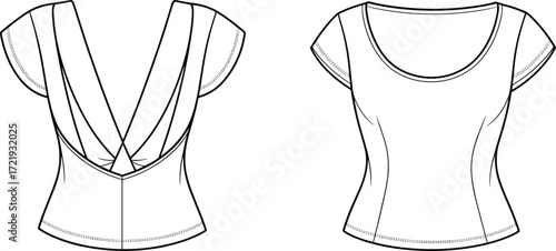 Women’s stylish draped back top template, fashion flat sketch, front and back view blouse design, elegant apparel outline mockup for printing