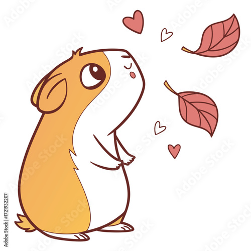 Cute guinea pig looking at leaves