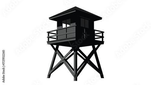 Dark wooden guard tower on stilts against white background