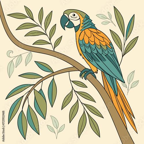 A blue and gold macaw perched on a branch with leaves around it