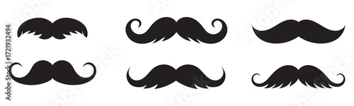 Minimalist black mustache icon set – hand-drawn silhouettes of curled, bushy, thin, and stylized facial hair for fashion, character design, and grooming visuals.