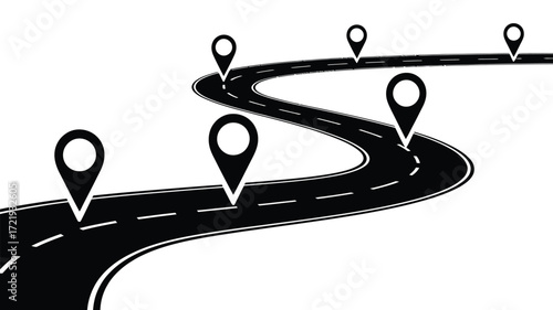 Winding road with map pin markers indicating destinations and route