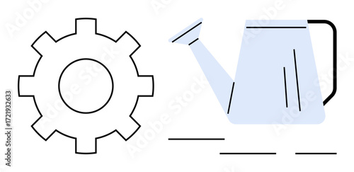 Simplified gear and watering can symbolizing growth, efficiency, and productivity. Ideal for innovation, improvement, nurturing, teamwork, agriculture sustainability and process development. Simple
