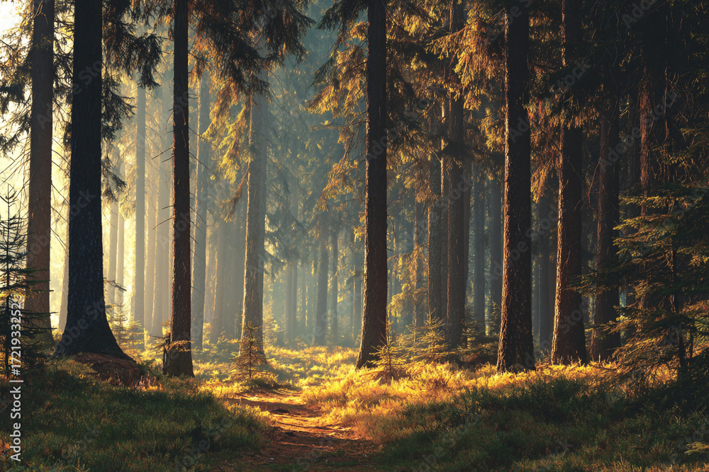 Fototapeta premium Sunlit forest path misty morning tall trees nature scene