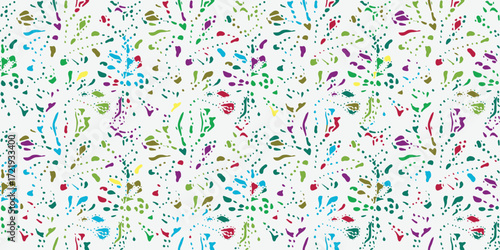 Colorful, abstract floral pattern featuring swirling leaves and droplets in vibrant shades of green, blue, pink, and yellow on a light background.