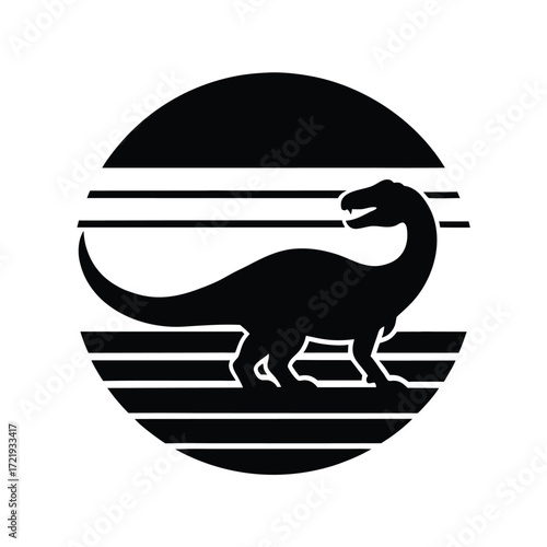 tyrannosaurus silhouette, velociraptor silhouette, T. rex silhouette, brachiosaurus silhouette, Black silhouette of a dinosaur with horizontal lines in a circle, isolated on white background