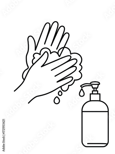 Line art illustration of hands washing with soap and sanitizer bottle