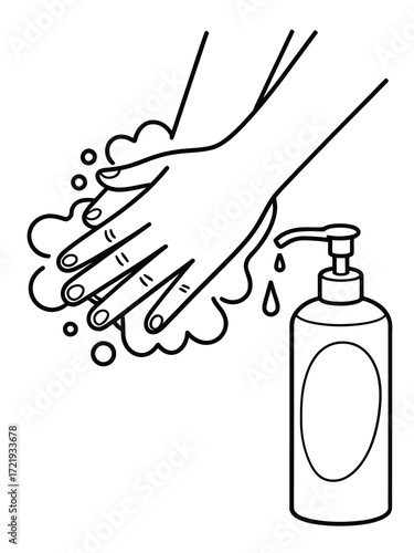 Line art illustration of hands washing with soap and sanitizer bottle
