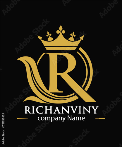 A luxurious golden monogram logo with a crown and a letter R.