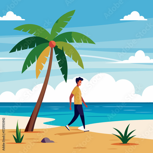Man enjoys a peaceful walk on a tropical beach under a palm tree, perfect for conveying relaxation, vacation vibes, or a healthy lifestyle, originally a scalable vector graphic