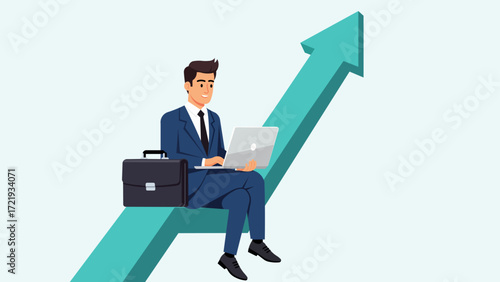 A man in a suit sits atop a rising arrow, using a laptop, symbolizing career growth. This image represents business success, achievement, and financial progress.