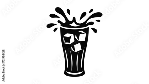 Tall glass of iced drink with splash and ice cubes